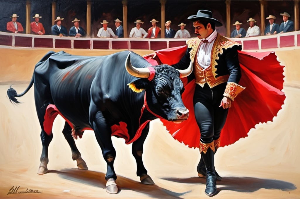 Prompt: bull fighting matador oil painting 