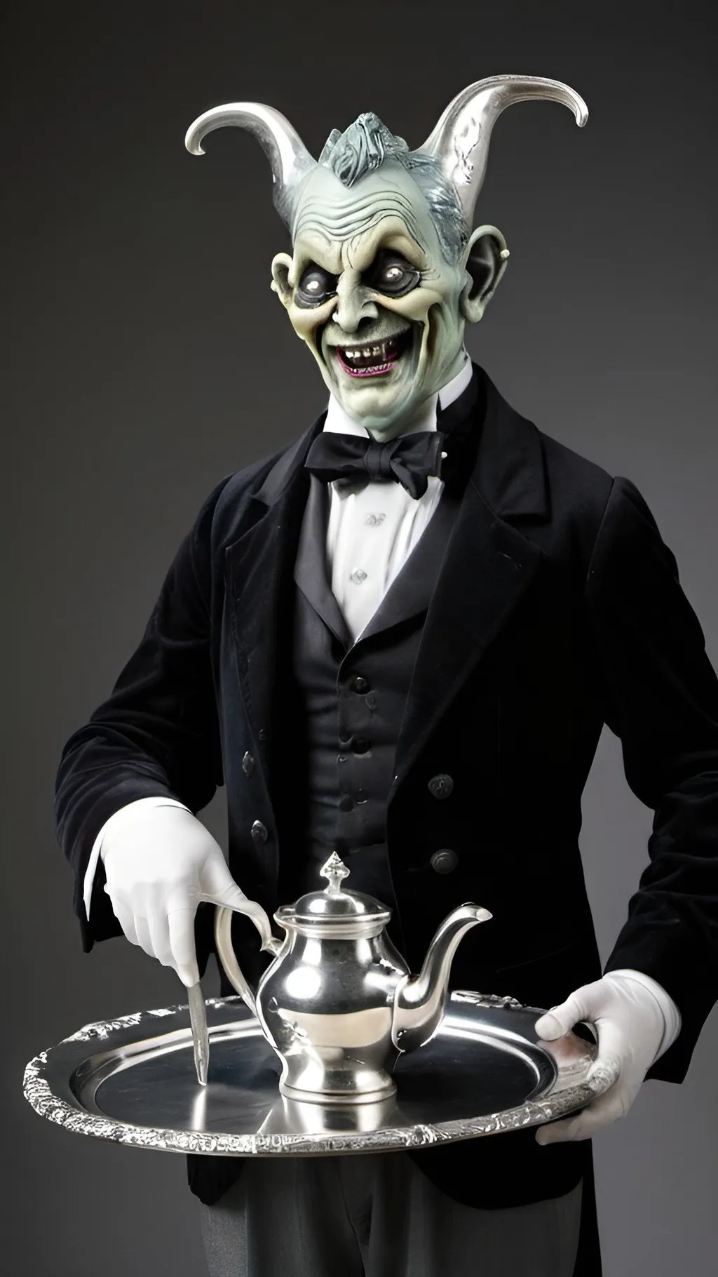 Prompt: grotesque butler with silver tray