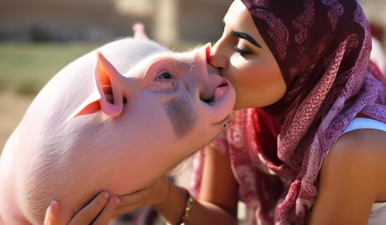 Prompt: Arab woman kissing pig

