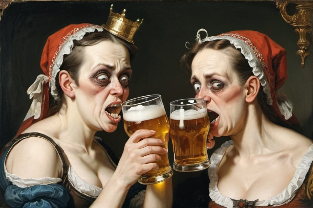 Prompt: grotesque women drinking beer