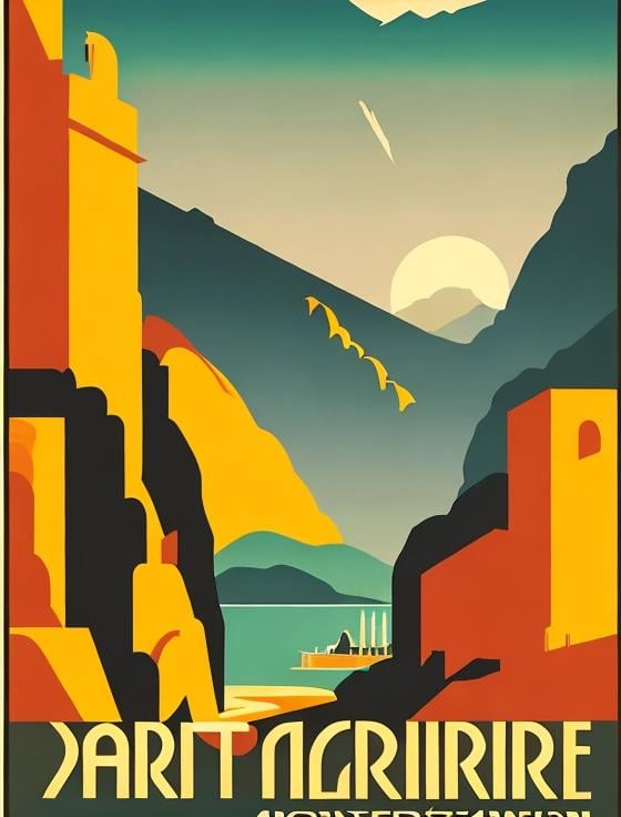 Prompt: art deco travel poster with italian landscape