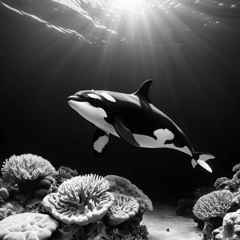 Prompt: Killer whale. Coral reef. Underwater. UHD 4K black and white 