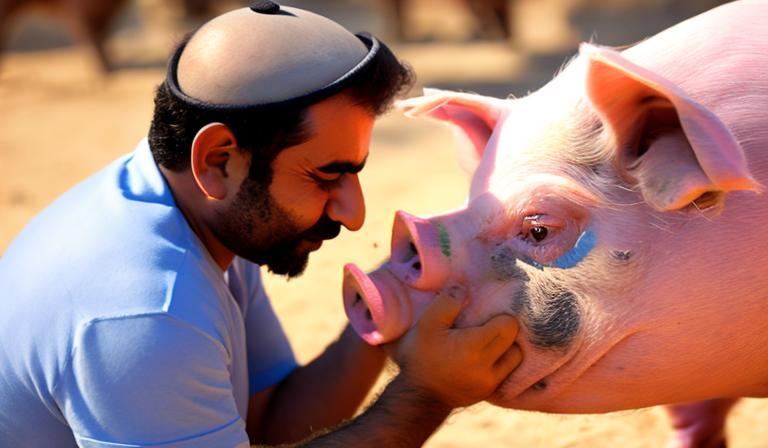 Prompt: Arabic man kissing pig
