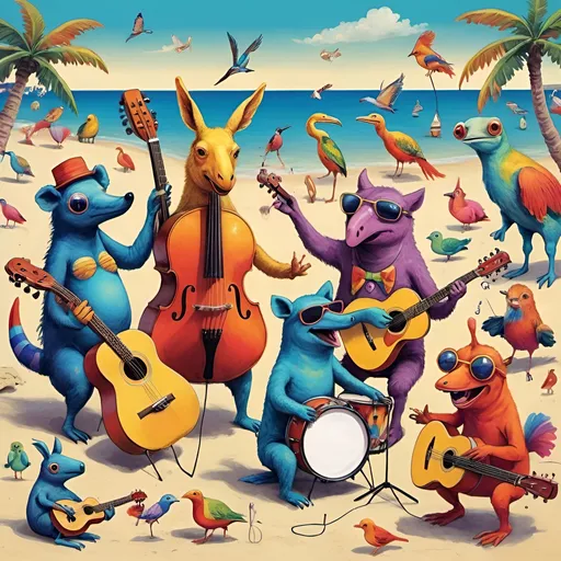 Prompt: Colourful weird animals playing music beach 