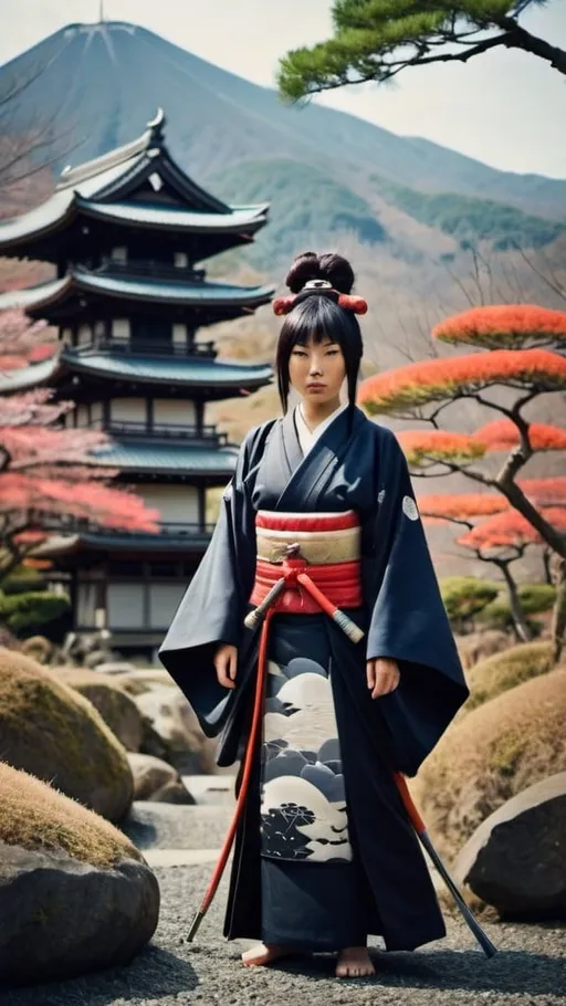 Prompt: weird samurai woman in Japanese landscape
