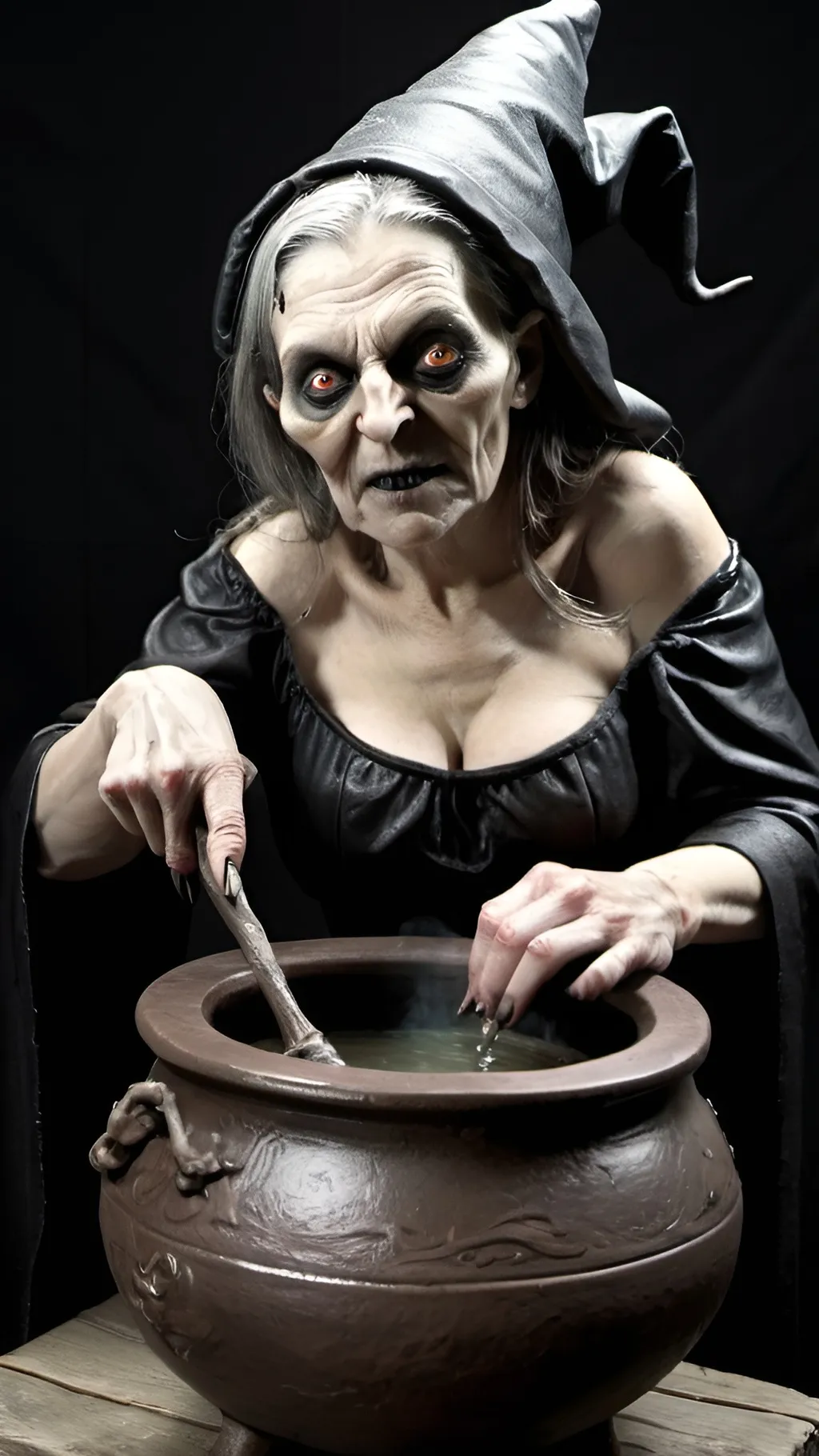 Prompt: Grotesque witch with cauldron 