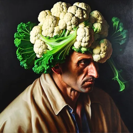 Prompt: Man with cauliflower for head oil painting
