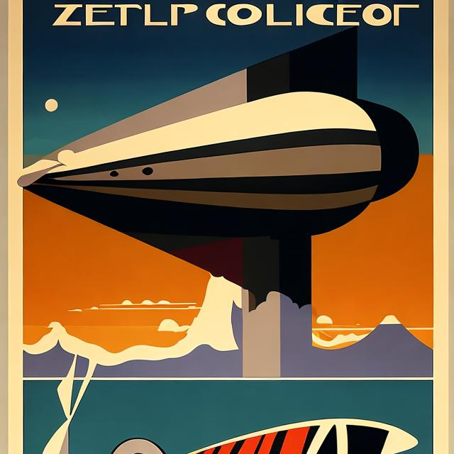 Prompt: Art deco travel poster with zeppelin 
