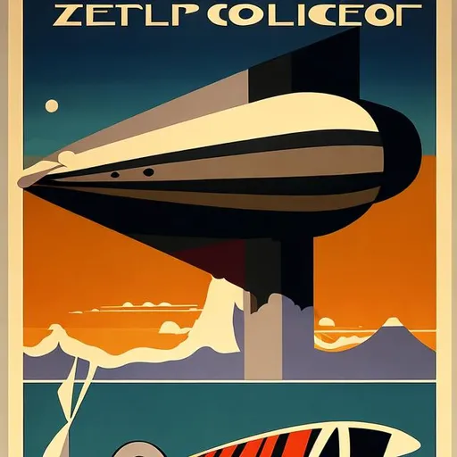 Prompt: Art deco travel poster with zeppelin 
