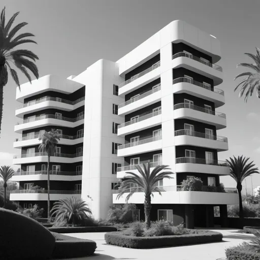 Prompt: Futuristic apartment block with palm trees and bushes. UHD 4K. Black and white 