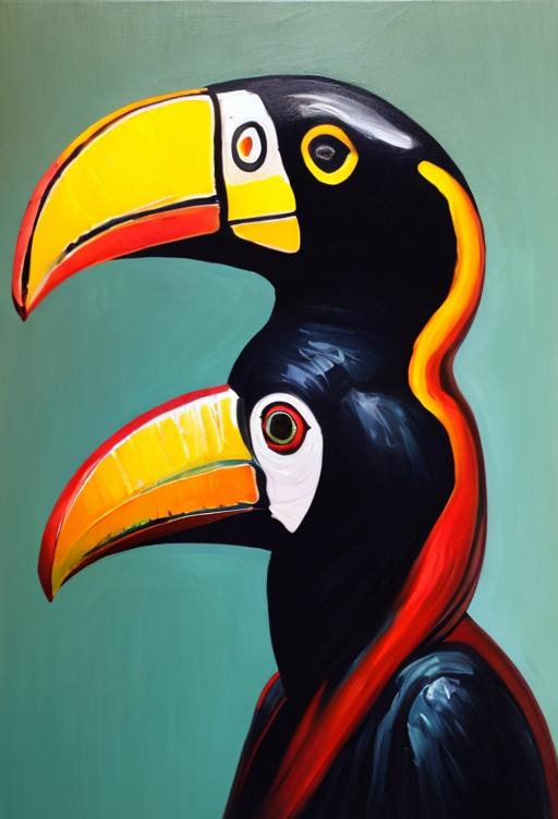 Prompt: Woman with head of a toucan. Oil painting. 
