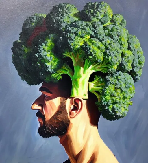 Prompt: Man with broccoli head oil painting