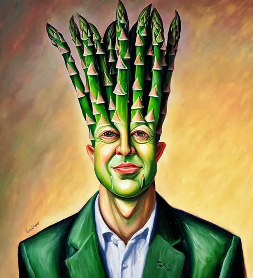 Prompt: Man with asparagus head oil painting
