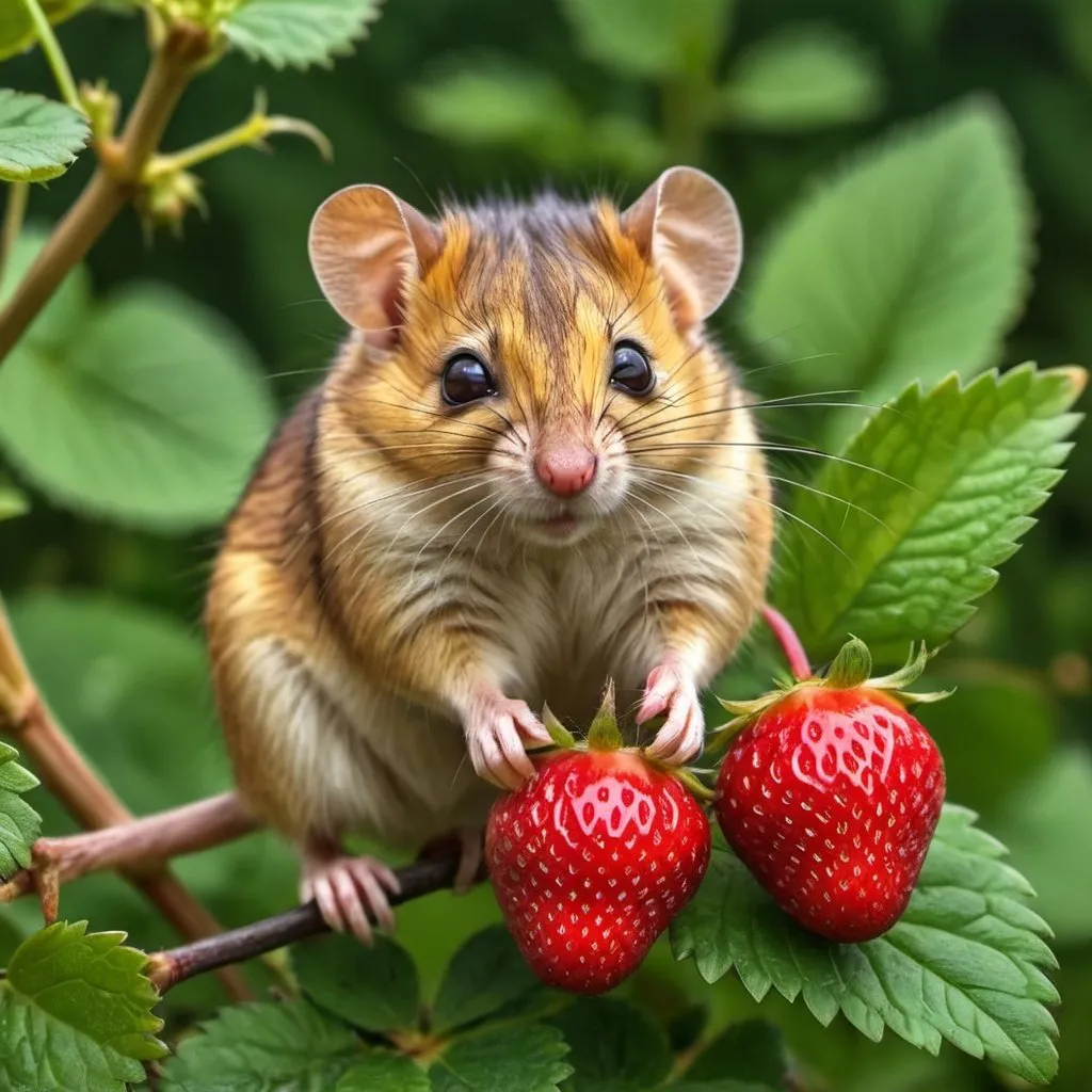 Prompt: Dormouse in Strawberry bush. UHD. HDR. Super detailed. 
