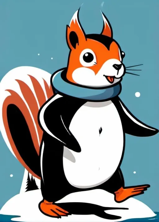 Prompt: squirrel riding a penguin illustrative style 