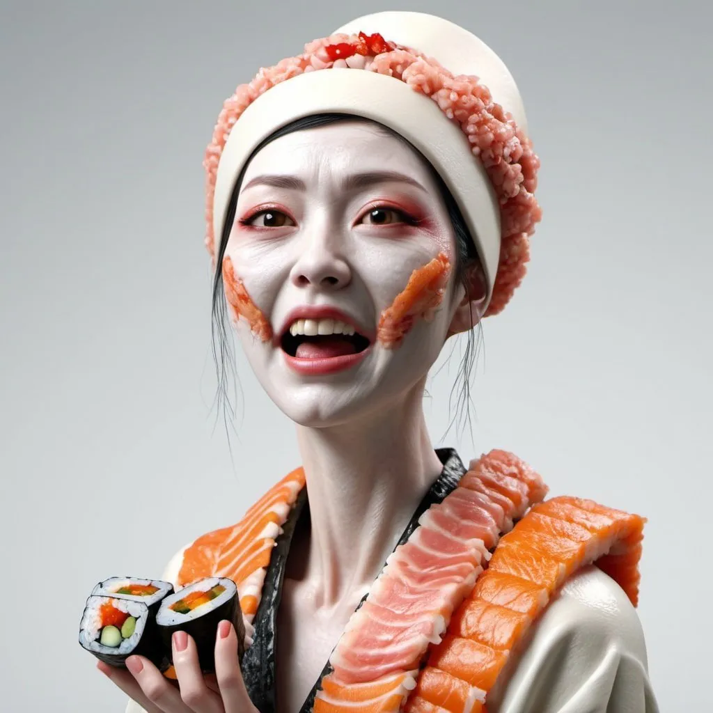 Prompt: Grotesque sushi woman. Full body. UHD. Photorealistic. 8K. Hyper detailed.