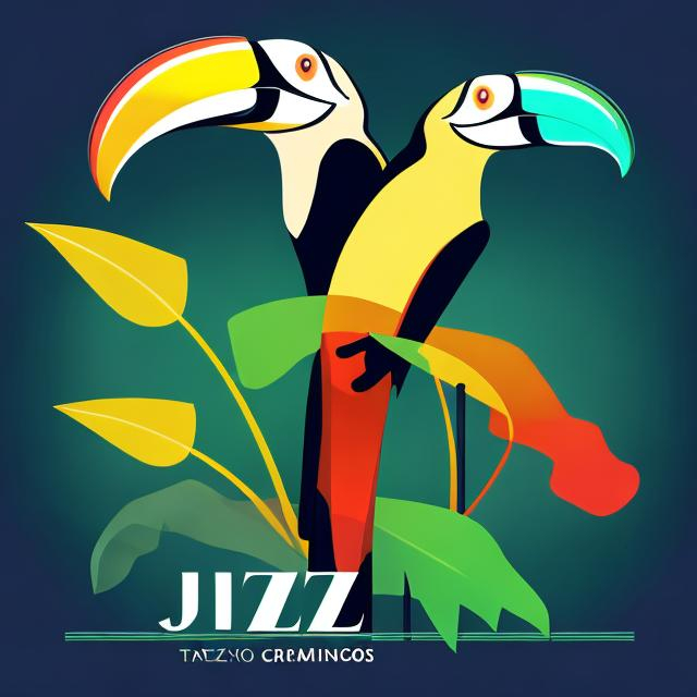 Prompt: Jazz album cover with toucans trumpets and musical notes