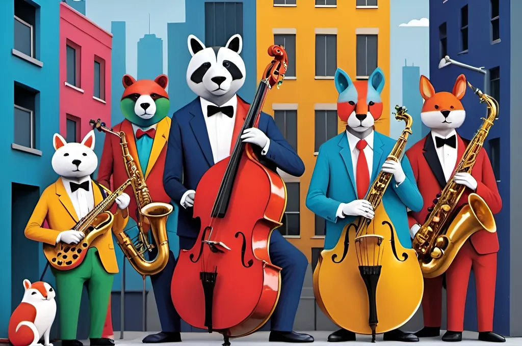 Prompt: Colourful animals jazz band city