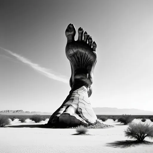 Prompt: Statue of huge foot in desert. Photorealistic. Professional photography. Black and white. 