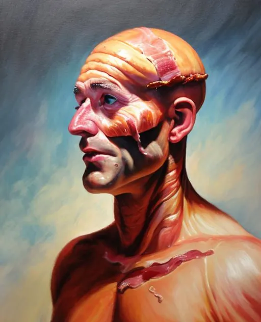 Prompt: Man with bacon head oil painting 