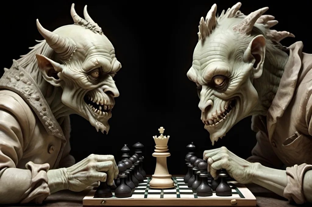 Prompt: Grotesque creatures playing chess 