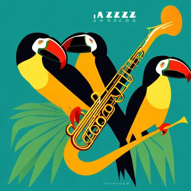 Prompt: Jazz album cover with toucans and instruments  minimalist style 