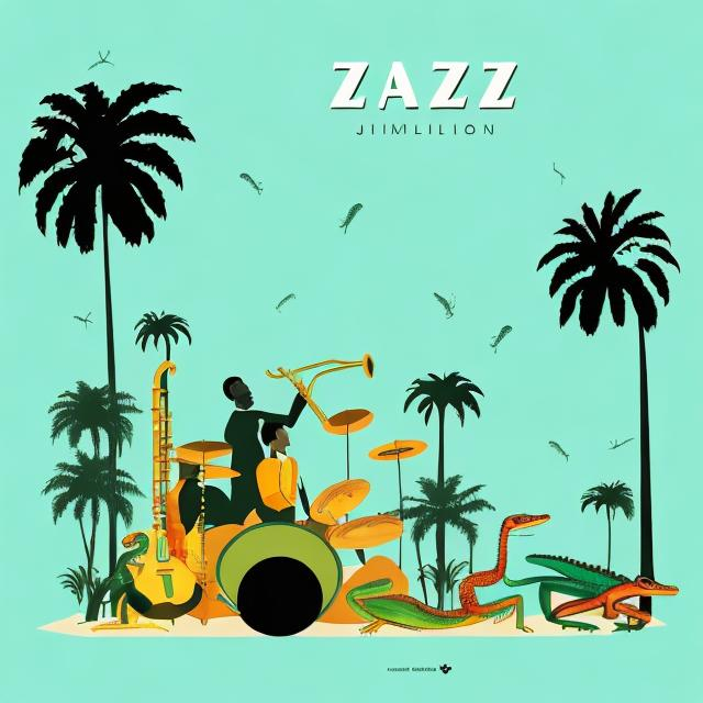 Prompt: Jazz album cover with instruments and lizards and palm trees minimalist style 