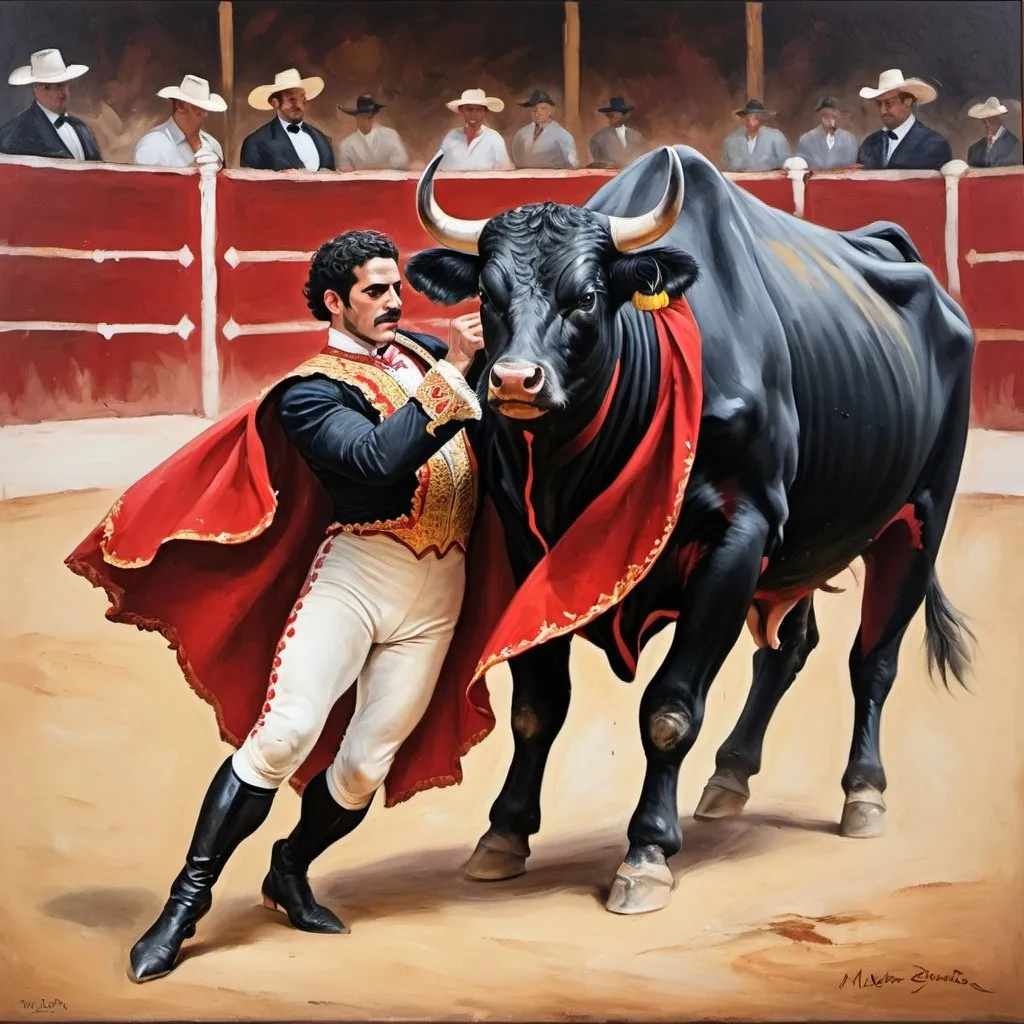 Prompt: bull fighting matador oil painting 