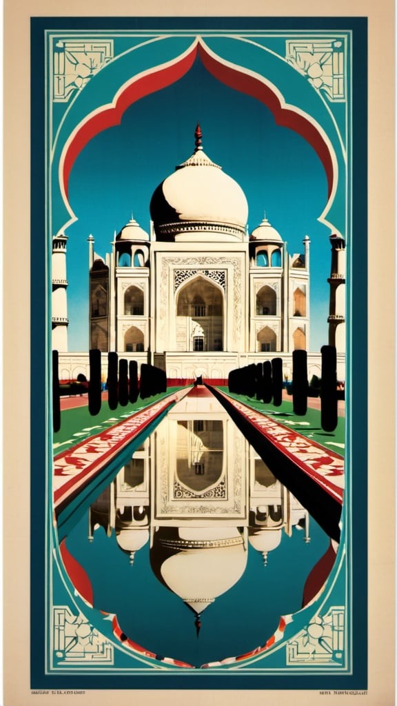 Prompt: taj mahal art deco travel poster
