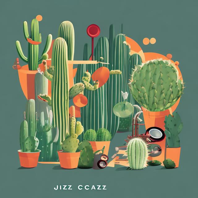 Prompt: Jazz album cover with cacti and instruments  minimalist style 