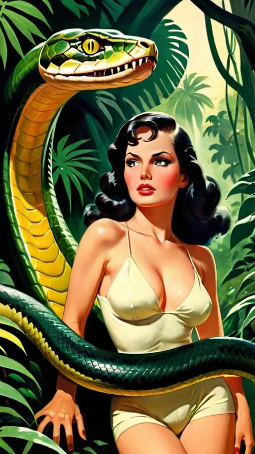 Prompt: Beautiful woman entwined by giant snake. In jungle. Pulp magazine cover. 