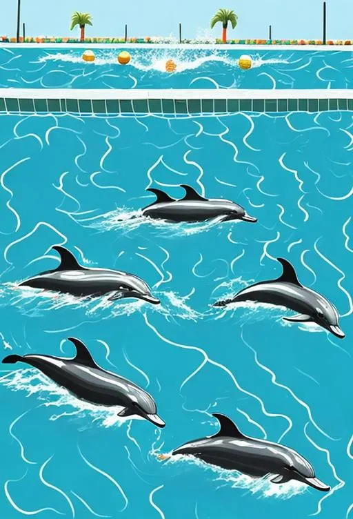 Prompt: Dolphins playing water polo in style of David Hockney 
