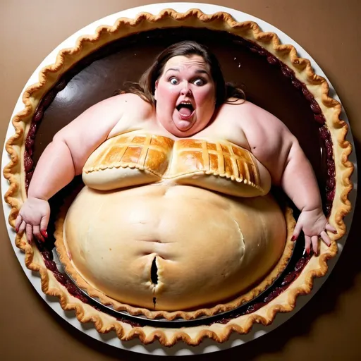 Prompt: Fat woman stuck inside pie