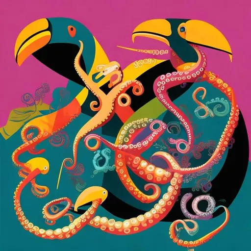 Prompt: Jazz album cover abstract with toucans and octopus 