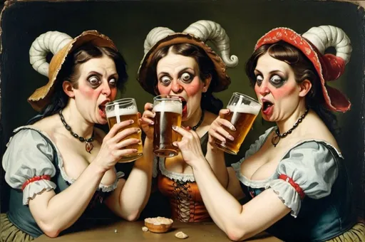 Prompt: grotesque women drinking beer