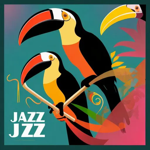 Prompt: Jazz album cover with toucans trumpets and musical notes