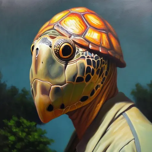 Prompt: Man with turtle head oil painting