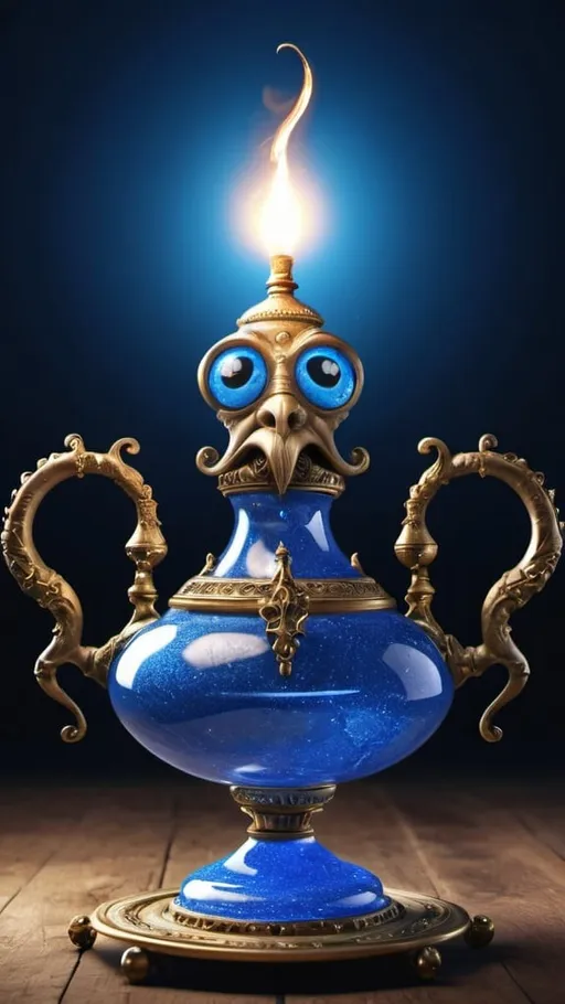 Prompt: Grotesque blue genii. Magic lamp. UHD