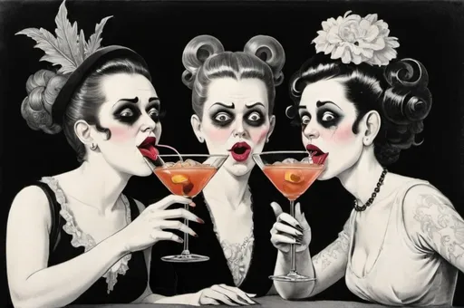 Prompt: Grotesque women drinking cocktails