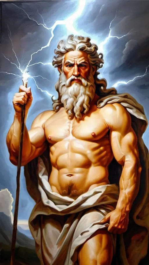 Prompt: Portrait of god Zeus holding Lightning bolt . Oil painting 