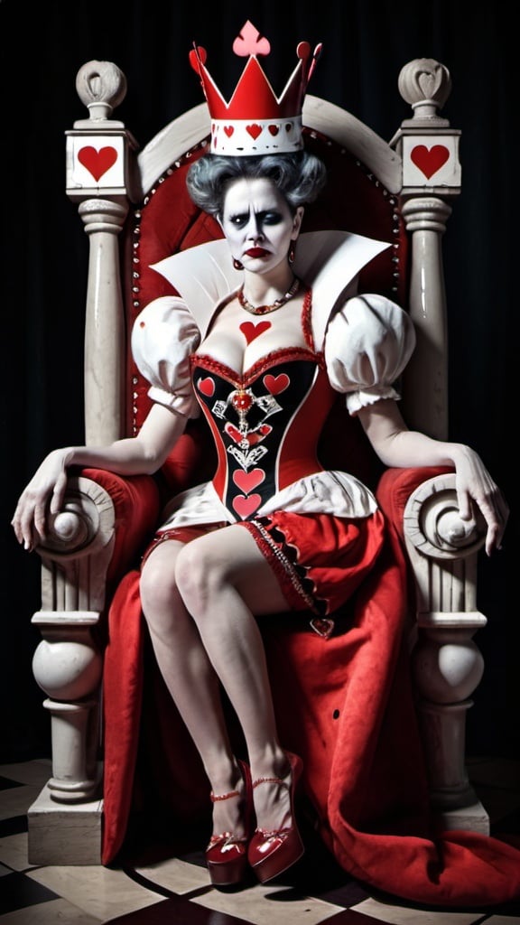 Prompt: Queen of Hearts sitting on throne. Grotesque 