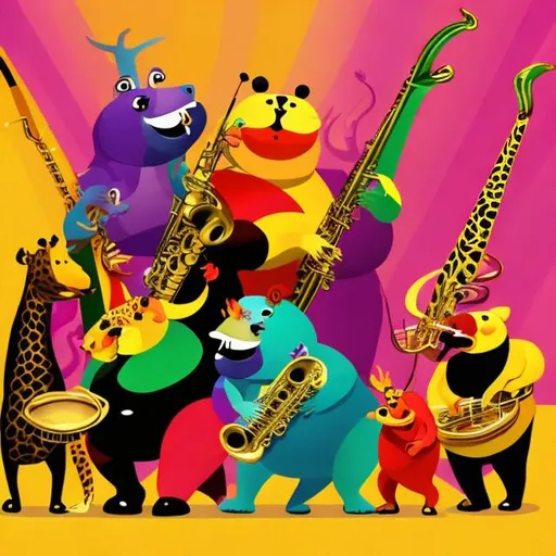 Prompt: Very fat band of exotic animals playing jazz colourful 