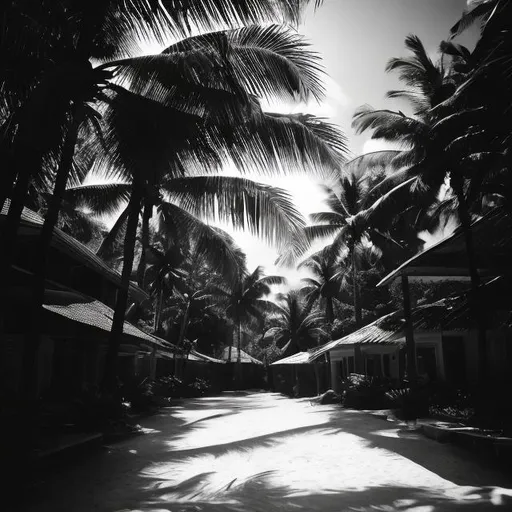 Prompt: tropical town professional photography black and white
