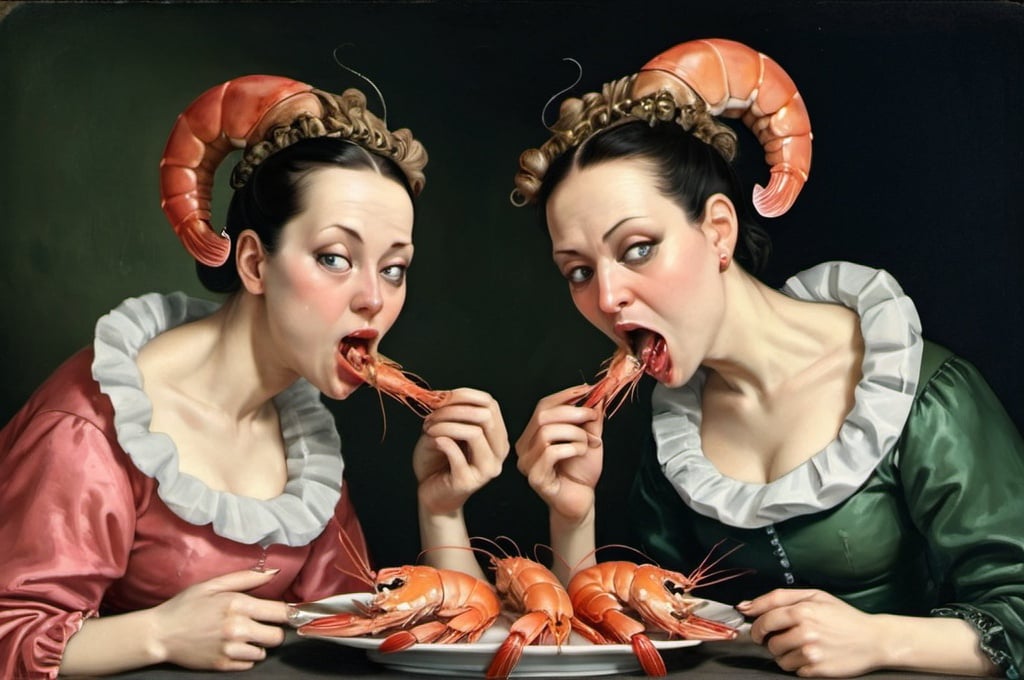 Prompt: Grotesque women eating shrimp