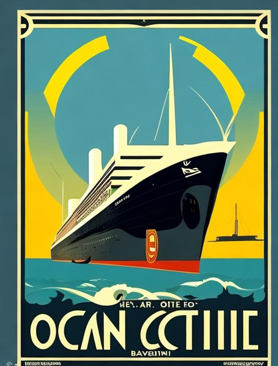 Prompt: Art deco travel poster with ocean liner

