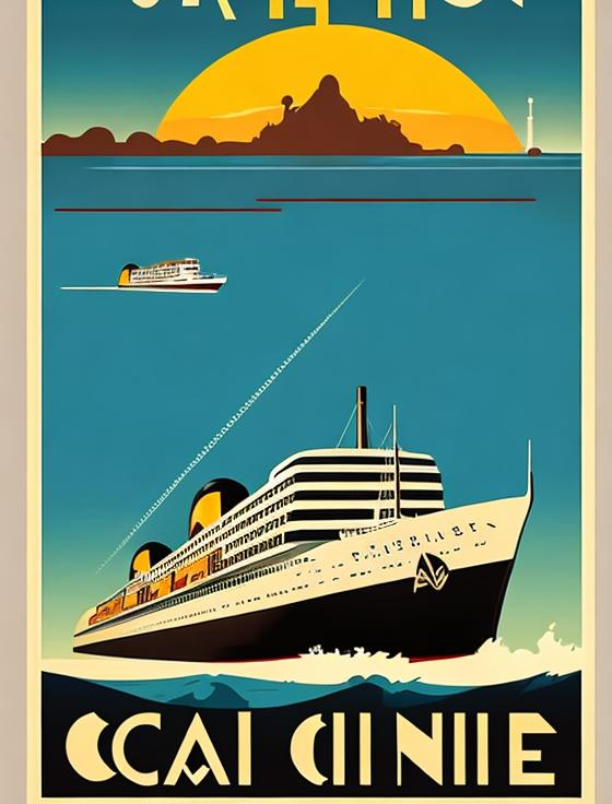 Prompt: Art deco travel poster with ocean liner

