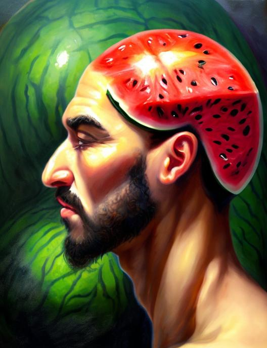 Prompt: Man with watermelon head oil painting 

