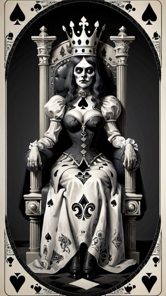 Prompt: Queen of Spades sitting on throne. Grotesque 