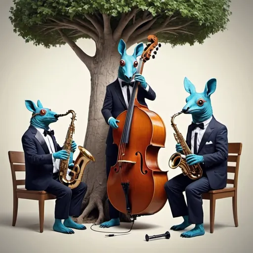 Prompt: Weird animals playing jazz music plan trees