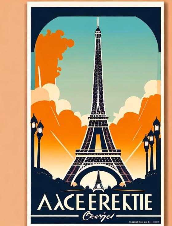 Prompt: art deco travel poster with eiffel tower